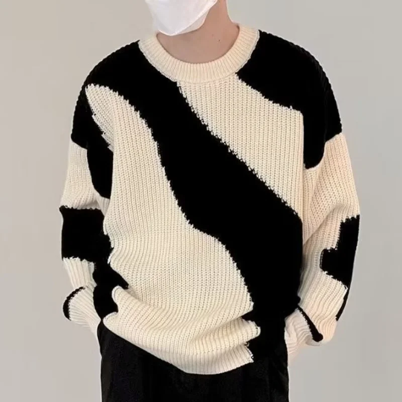

Pullover sweater for men autumn and winter men simple cow contrast color loose lazy wind round neck pullover sweater