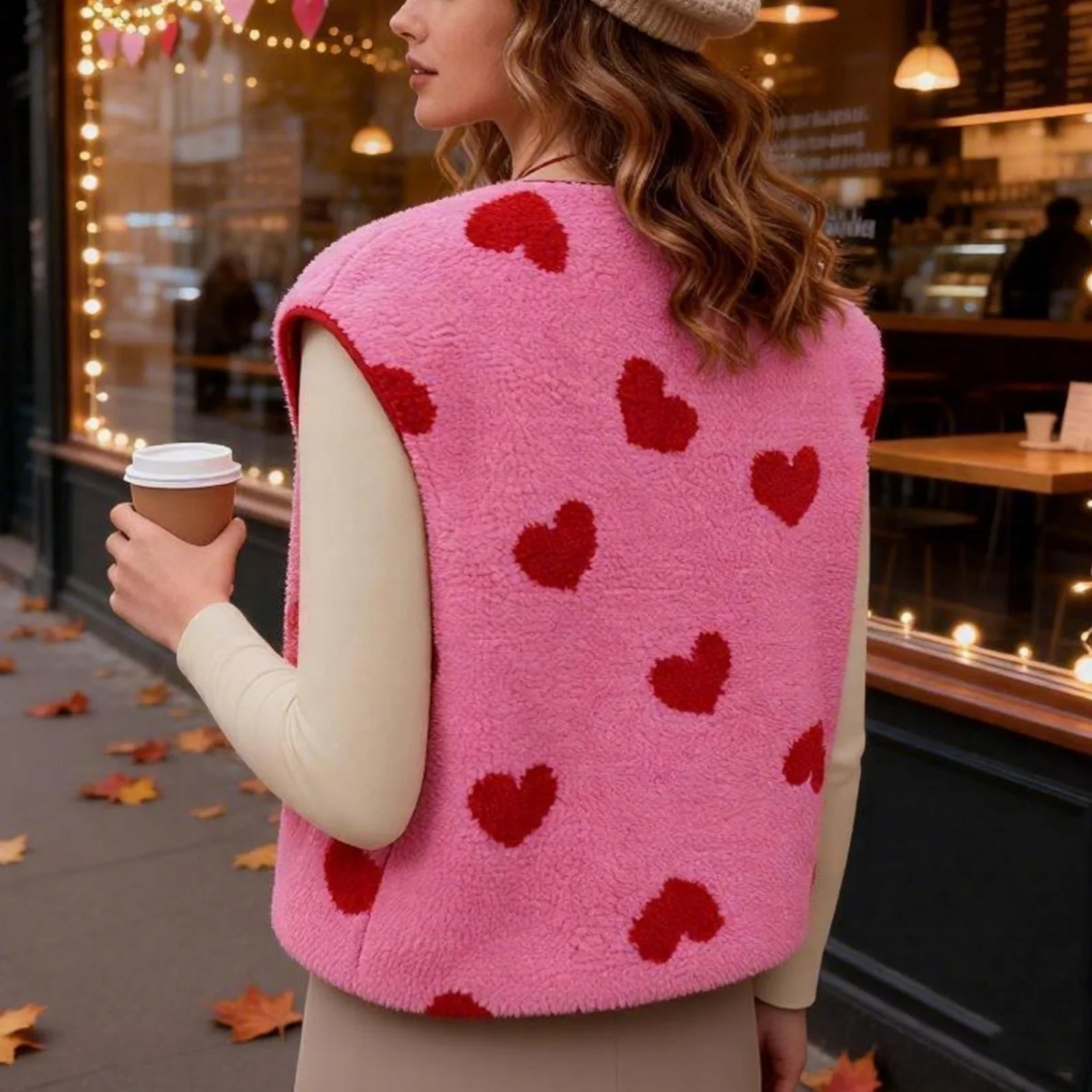 Y2K Furry Waistcoat Women Valentines Day Clothes Heart Pattern Sleeveless Button Closure Warm Jacket Vest Tops Outwear