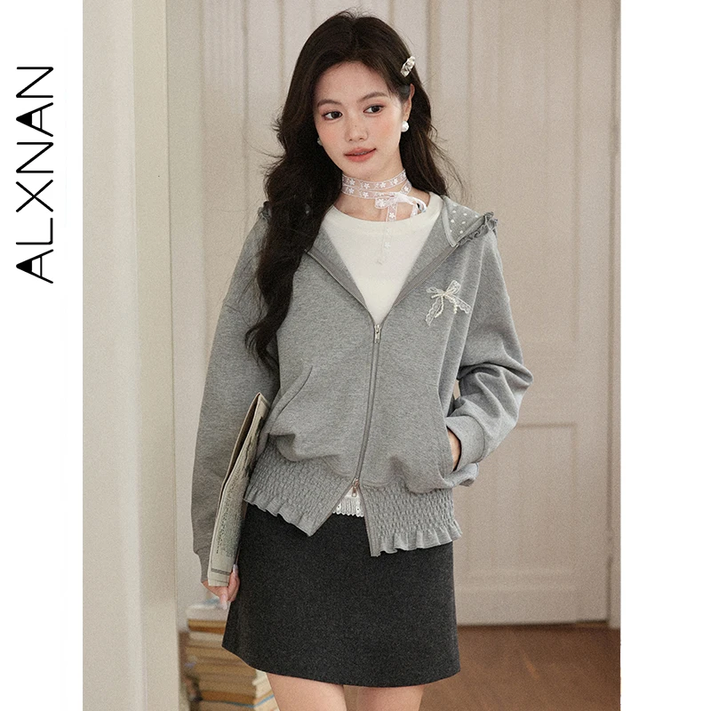 

ALXNAN Grey Hoodies Elastic Hem Hooded Bow Lace-trim Patchwork Outerwear Zipper Casual Sport Woman's Sweatshirt Female L58765