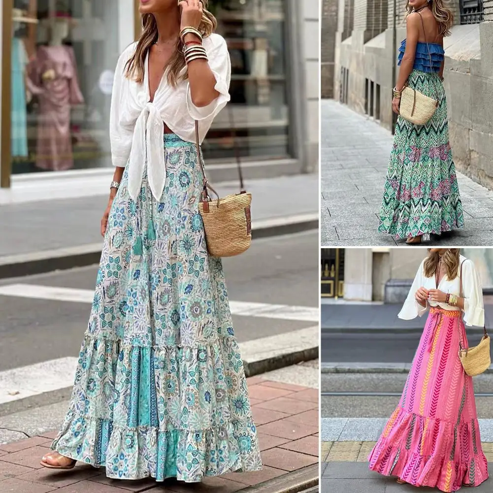 High Waist Skirt Colorful Print Bohemian Style Beach Long Dress with Elastic High Waist Drawstring for Women Vacation Skirt