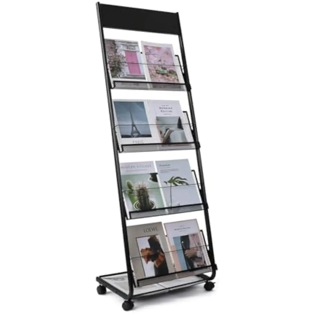 Floor Standing Brochure Holder with Four Tiered Shelves and Bottom Basket | Silent Casters Including Two Locking Brakes | Heavy