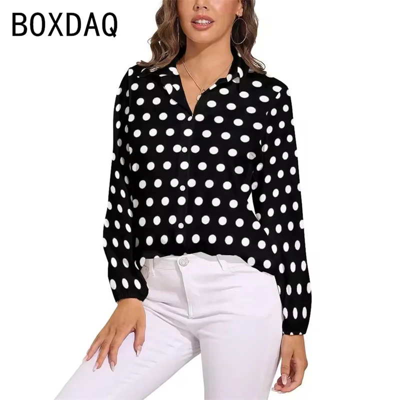 

Classic Black White Polka Dot Print Shirt Women Long Sleeve Lapel Fashion Casual Loose Blouse Big Size OL Personality Shirt Tops