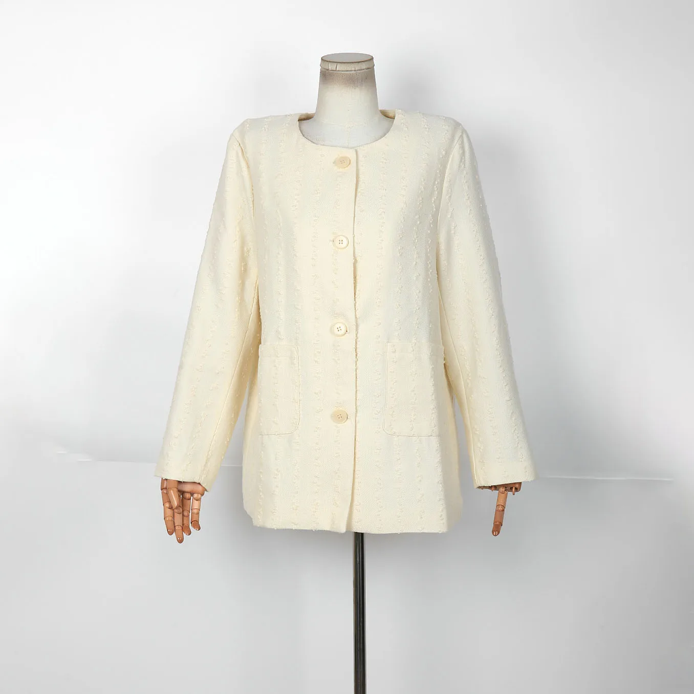 

2025 женский весенний бежевый твидовый пиджак с круглым вырезом на пуговицах и длинными рукавами, элегантная офисная женская куртка, повседневная верхняя одежда