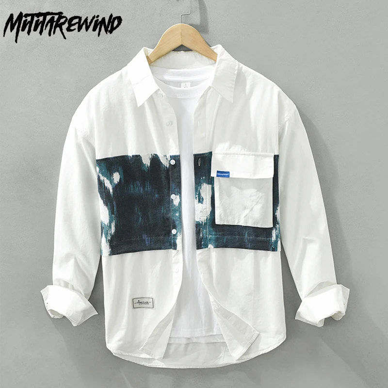 

New Long Sleeve White Shirt Men Japanese Workwear Casual Shirts Pure Cotton Print Patchwork Loose Shirts Fashion Versatile Tops