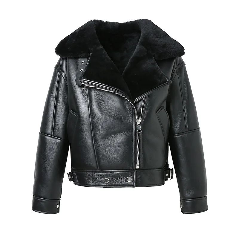 Lady 2023 High Quality Shearling Jacket Women's Fashion Sheepskin Leather Real Wool Lined Thick Warm Winter Coat