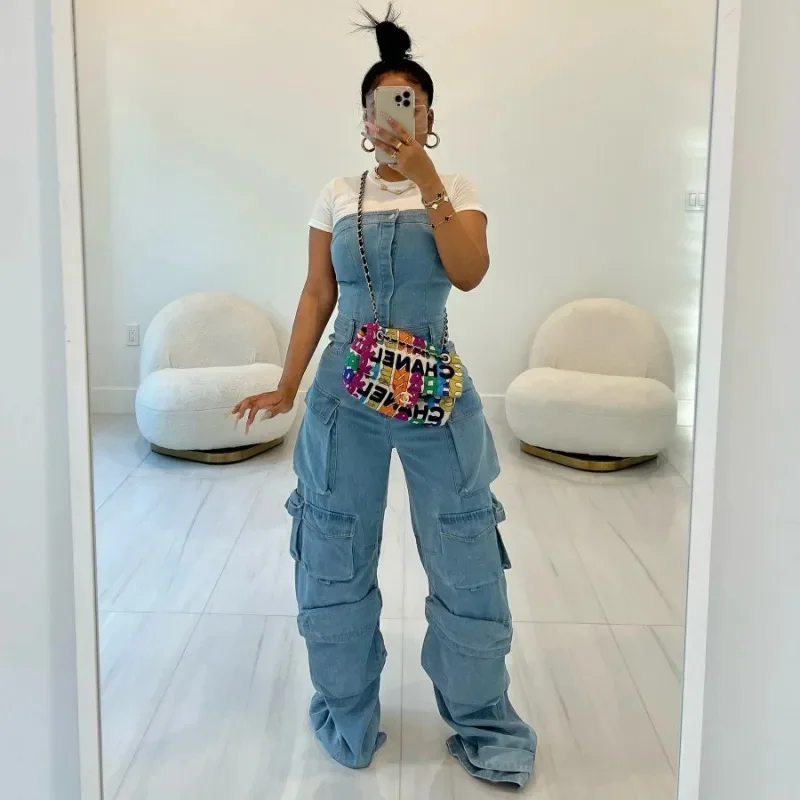 Imagem -05 - Macacão Jeans Fora do Ombro Feminino com Bolsos Macacão de Carga de Peça Única Monocromático Botão para Cima Perna Larga Empilhada Streetwear Inverno 2023