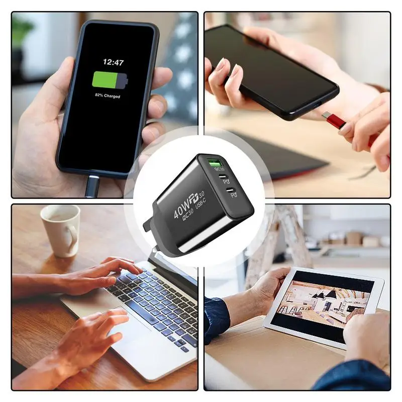 ตัวชาร์จ USB C 40W ปลั๊กที่ชาร์จความเร็วสูง3พอร์ตแบบ USB Type C หัวชาร์จทนไฟ PD อะแดปเตอร์สำหรับธุรกิจ