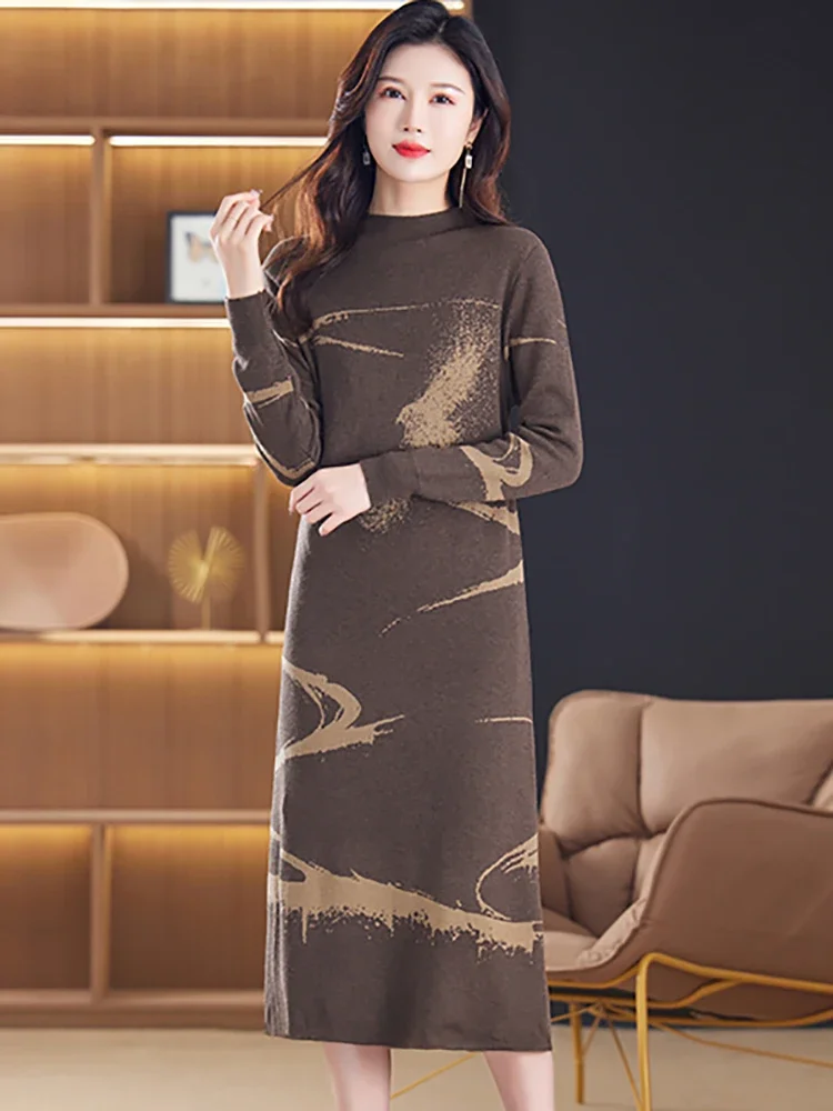 

Autumn Winter Luxury Elegant Party Evening Dress 2024 Black Print Knitted Sweater Dress Women New Korean Bodycon Chic Pullovers