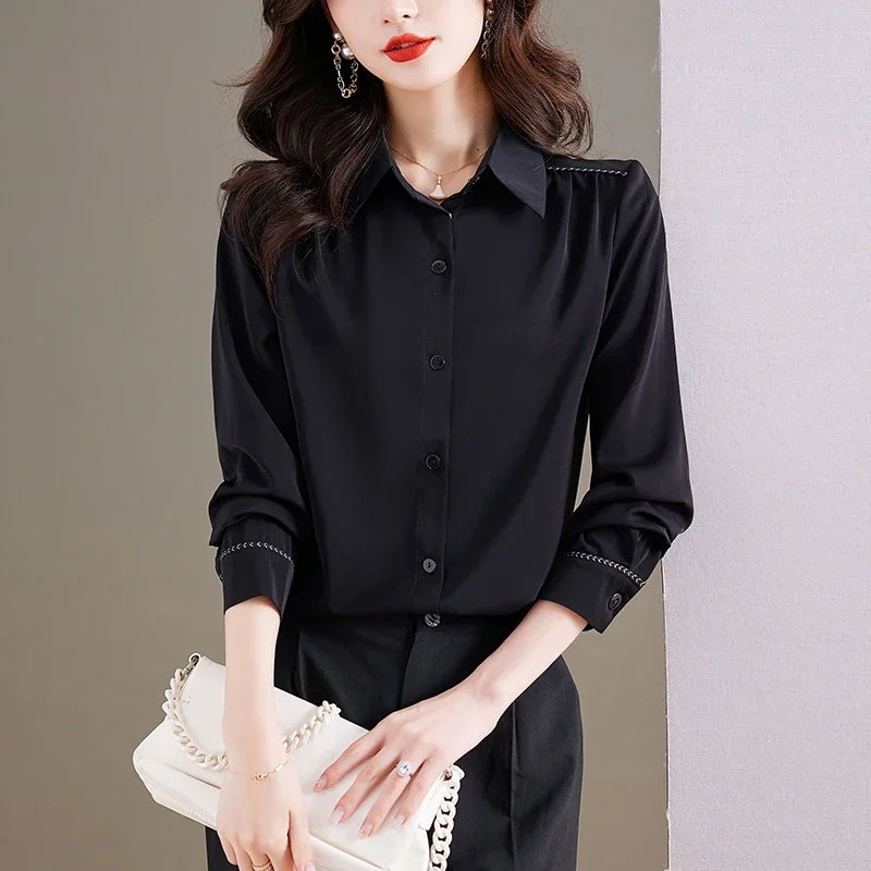 

Black Women Shirt Chiffon Long Sleeve Blouse Womens Tops 2023 Fashion New OL Women Clothing Senior Vintage Shirts and Blouses