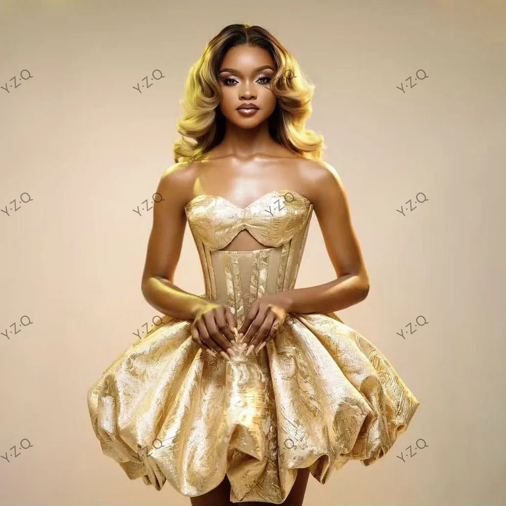 Floral Pattern Cocktail Dresses a Line Off Shoulder Gold Sleeveless Mini Party Gowns Pleated Handmade Prom Dress Short