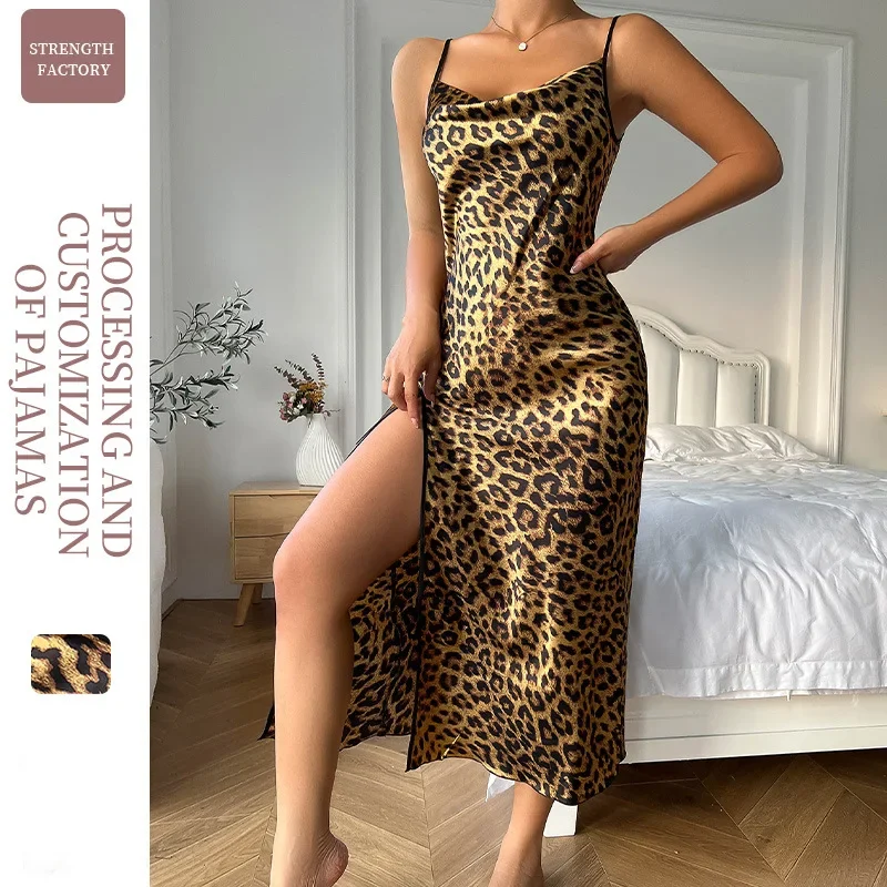 Fashion Backless Slit Ice Silk Camisole Skirt Nightgown Women\'s Summer Thin Breathable Imitation Silk Sexy Leopard Print Pajamas