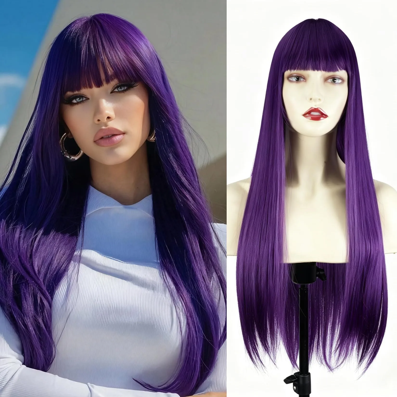 Purple long straight hair synthetic wig - Halloween party cosplay role-playing wig - Daily wig - Heat-resistant hairpiece