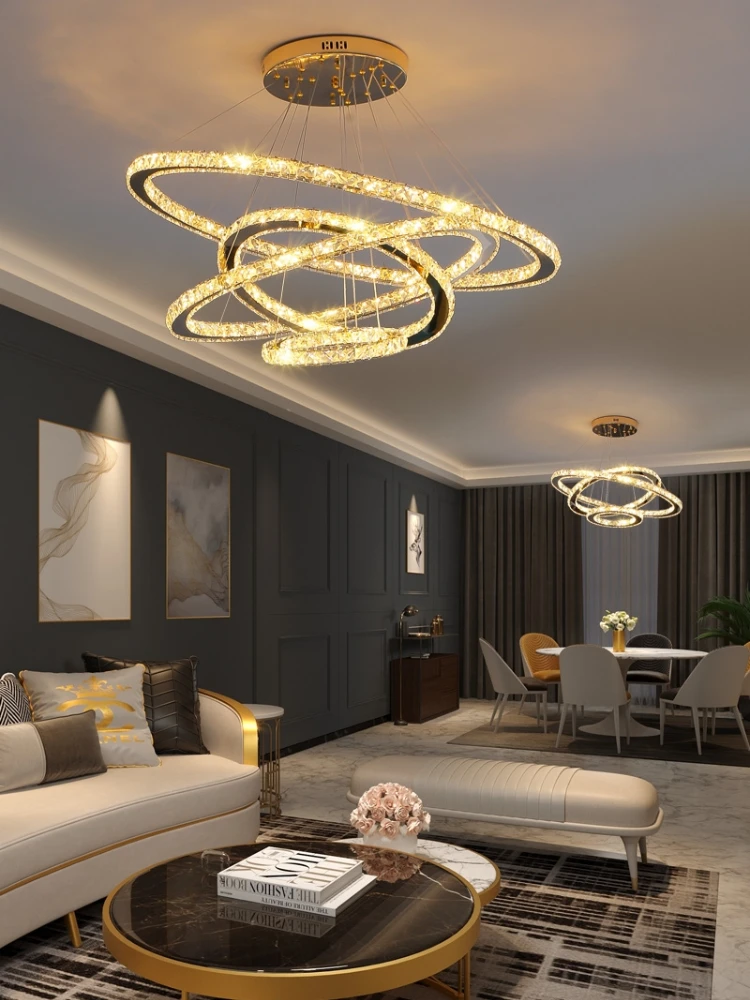 *Modern Crystal LED Chandelier For Living Room Dining Kitchen With Remote Control Gold Ring Hanging Lighting Circle Pendant Lamp