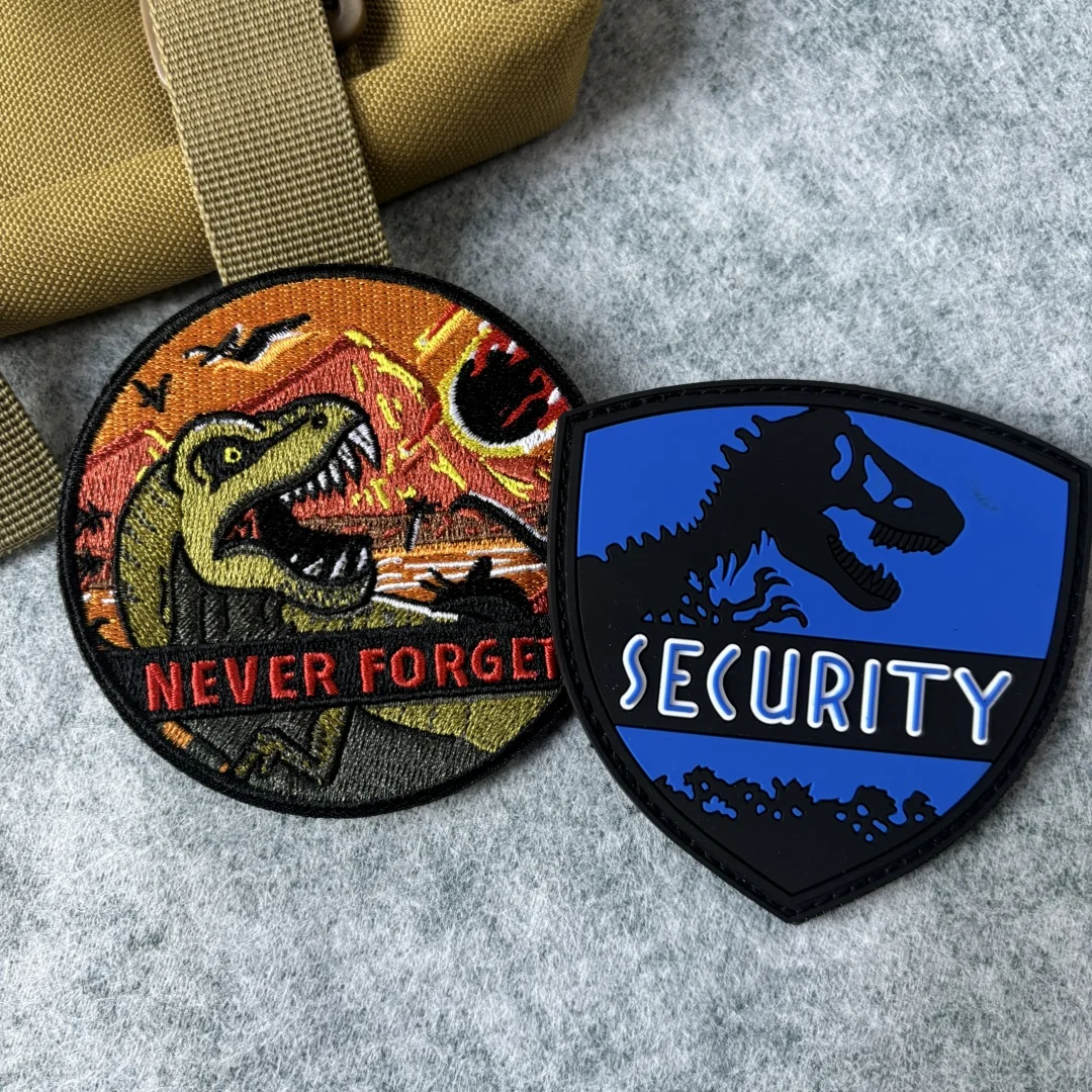SECURITY PVC DinosaurTactical Patch EDinosaur Never Forget Embroidery Hook&Loop Patches Military Morale Badge Backpack Stickers