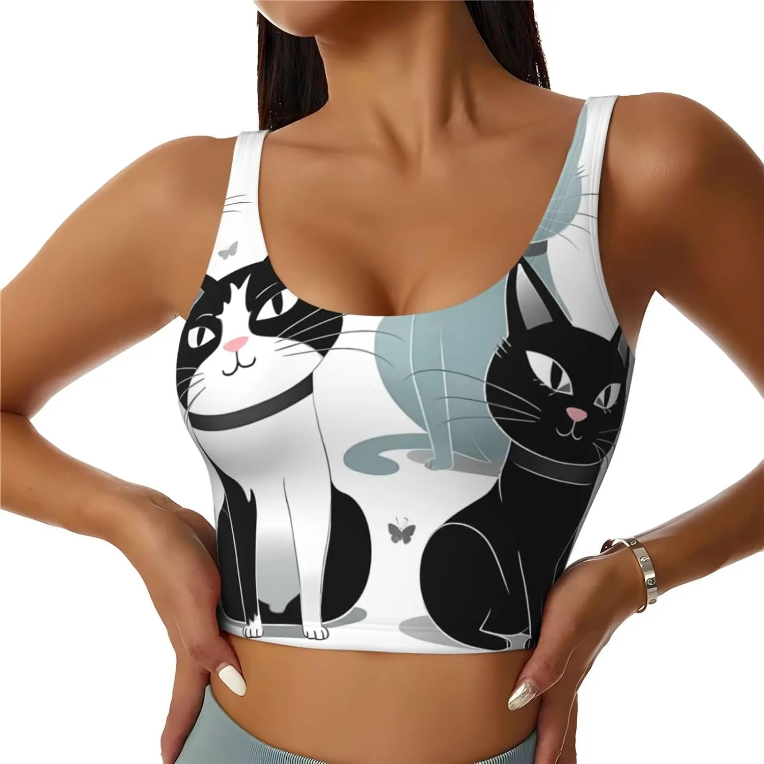 

Sports Bras for Women, U Back Removable Womens Tank Tops Black and White Cats Funny Yoga Print Workout Bras