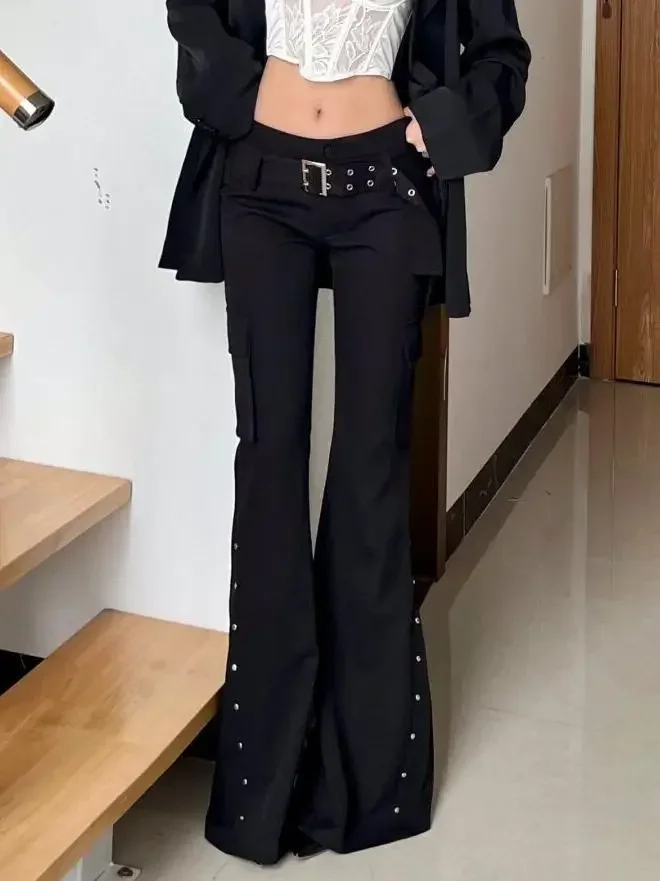 Vintage Harajuku Y2K Black Gothic Pants Women Low Rise Rivet Design Flare Trousers 2000s Streetwear Casual Goth Pantalones