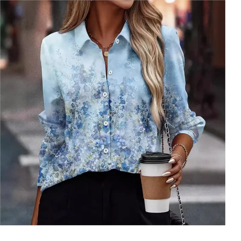 2024 Women's Long Sleeve Blouse New Colorful Flower 3D Digital Printed Striped Button Collar Elegant Daily Loose Blouse Ladies