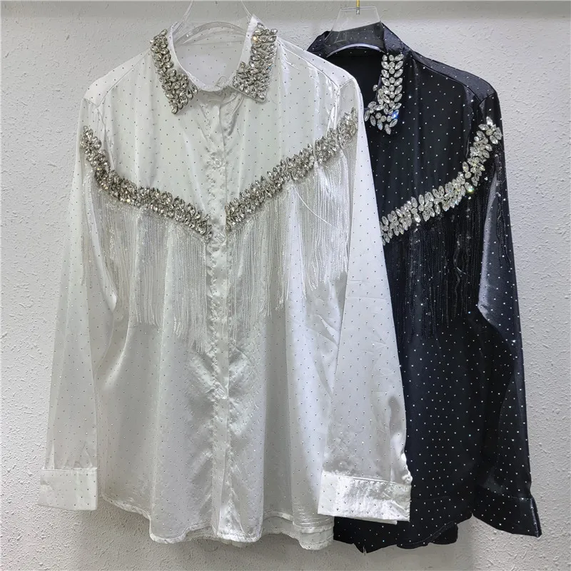 

SuperAen Diamond Lapel Collar Sequin Tassel Design Single-breasted Shirts Women Loose Casual Shirts