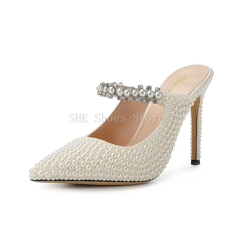 

White Pearl Pointed Toe Hight Heels Women Slingback Pumps Fashion One Strap Shallow Slip-On Ladies Party Dress Sandals Shoes