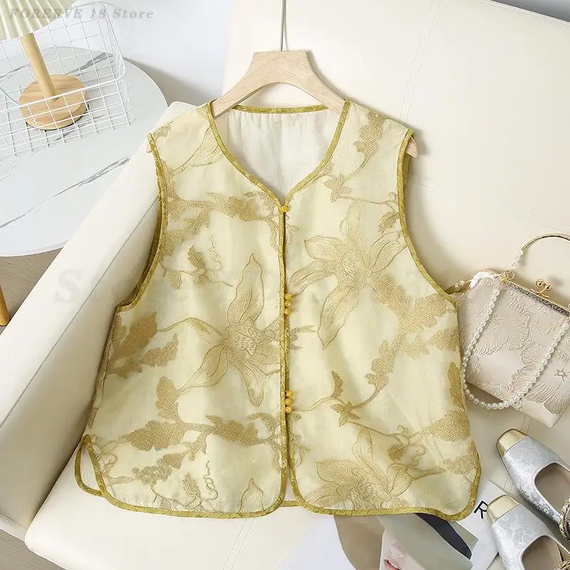 Chinese Style Women Tang Clothes Vest Retro Embroidery Cheongsam Top Sleeveless Waistcoat Tradition Classic Button Outwear Hanfu