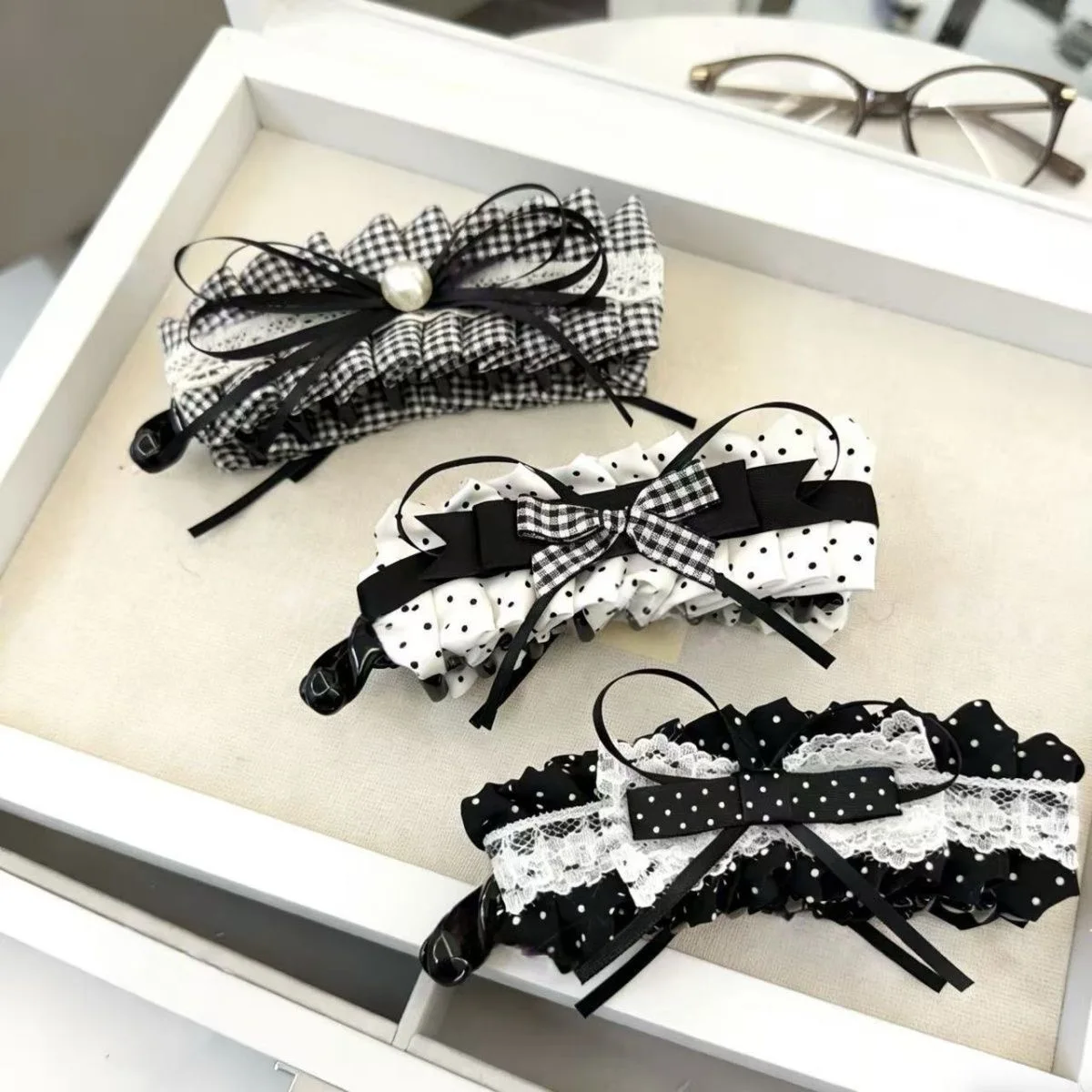 

New Dense-toothed Cute Korean Style French Polka Dot Lace Bow Lolita Back Head Hairpin Hairpin Ponytail Hair Accessory Cute Gift