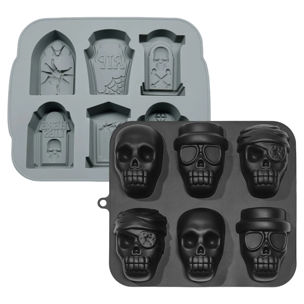 Halloween Skull Silicone Molds 6 Large Skull Mold & RIP Gravestone Mold 6 Cavity Tombstone Mold DIY for Halloween Birthday Party