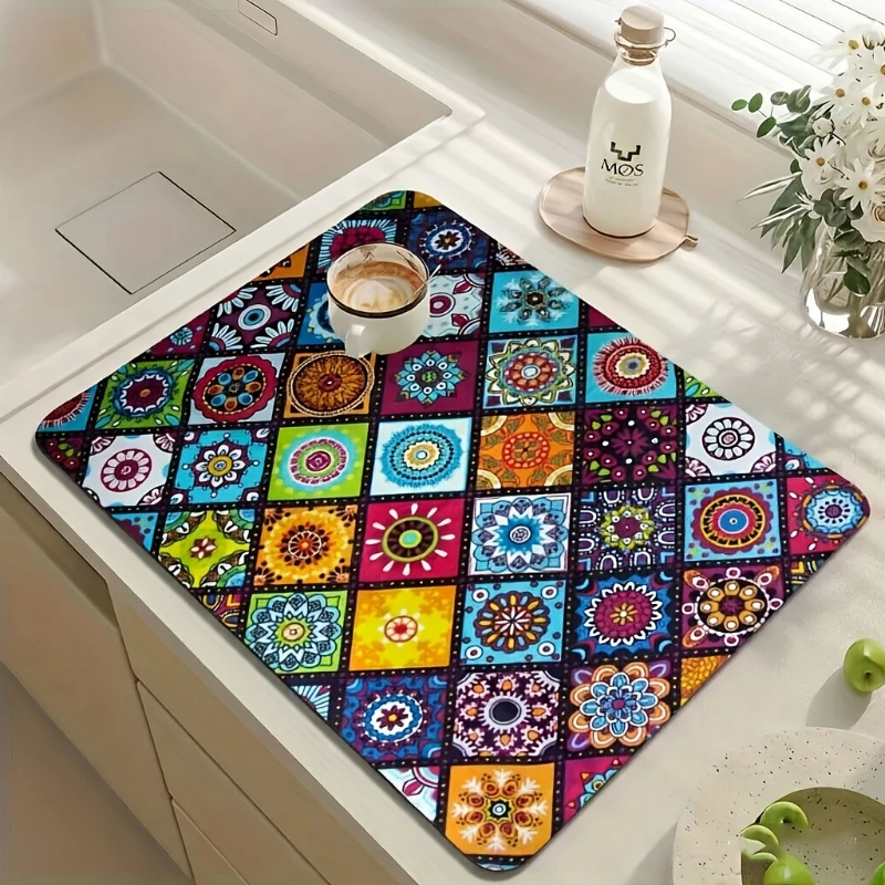 Boho Ethnic Mandala Tile Patchwork Kitchen Drain Mat,Coffee Bar Dining Counter Tabletop,Non Slip,Quick Dry,Present