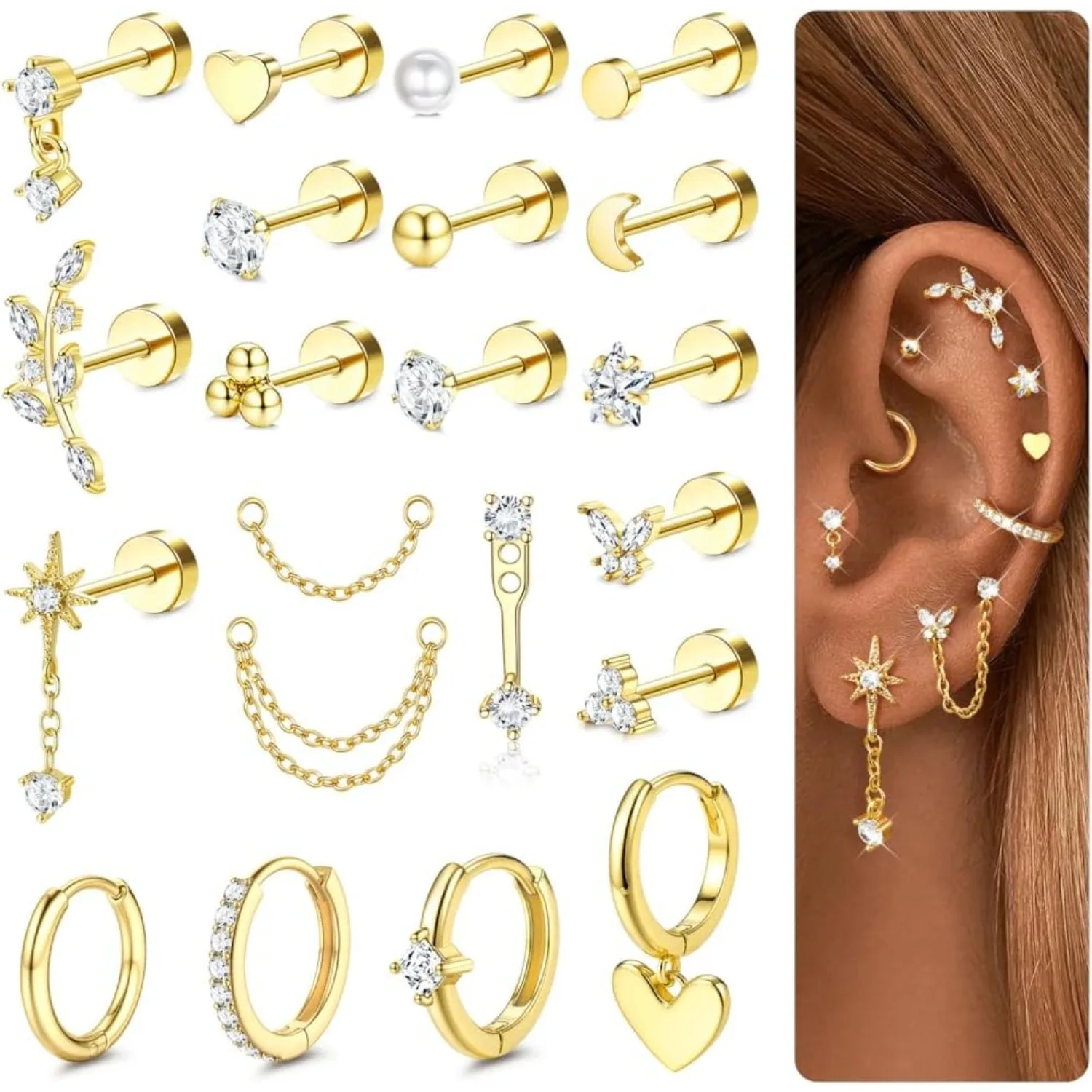 

Drperfect Cartilage Earrings for Women Flat Back Surgical Steel Stud Hoop Earring Stack Set Tragus Helix Piercing Jewelry 21Pcs
