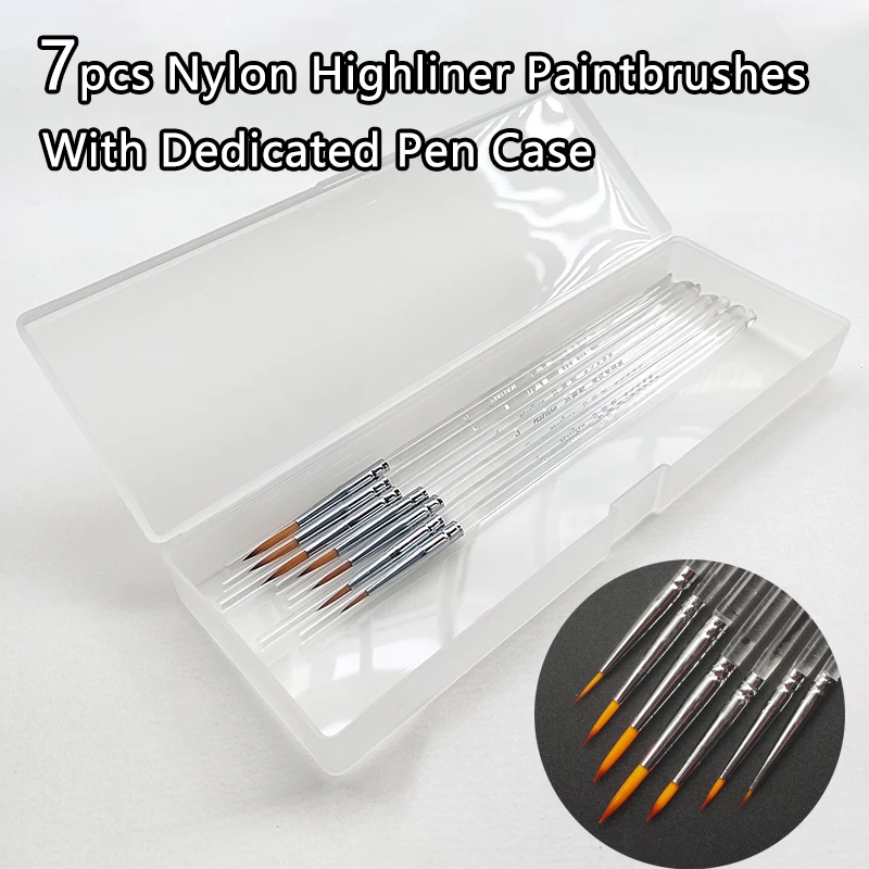 7pcs Nylon Highliner Paintbrushes With Dedicated Pen Case Transparent Acrylic Pen Holder For Students Art Supplies