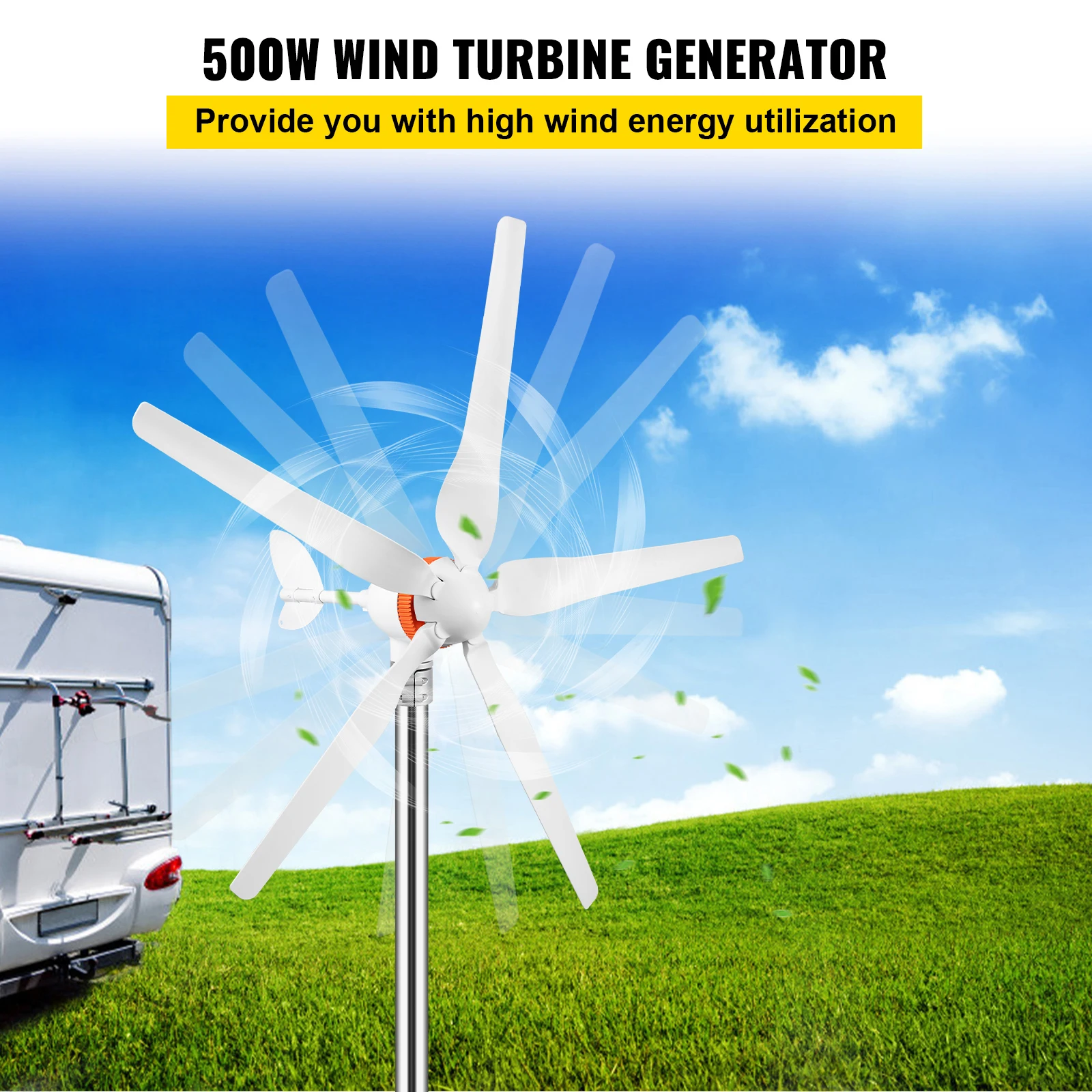 VEVOR Générateur Éolienne 12 V/24 V, Kit Générateur Turbine Éolienne 200 W 5 Pales Contrôleur MPPT Moteur à Aimant Triphasé 29 A Corps Aluminium Queue Acier Inox 900 tr/min pour Maison Camping-Cars