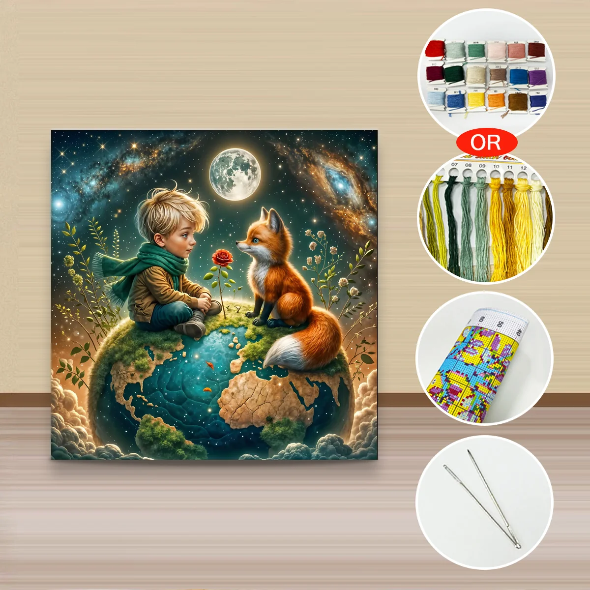 1 Stück 40x40 cm/15,74 Zoll, 11Ct/14Ct Kreuzstich-Set, DIY-Valentinstagsgeschenk, Stickerei-Set für Festivals, Junge und Fuchs auf der Erde – Detail 2