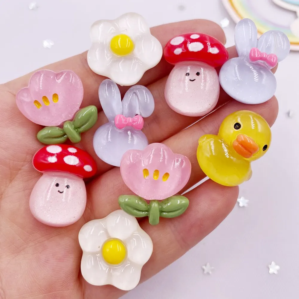 10pcs Colorful Resin Glitter Kawaii Rabbit Duck Mushrooms Flower Flatback Cartoon Animals Figurines Scrapbook DIY Embellishments