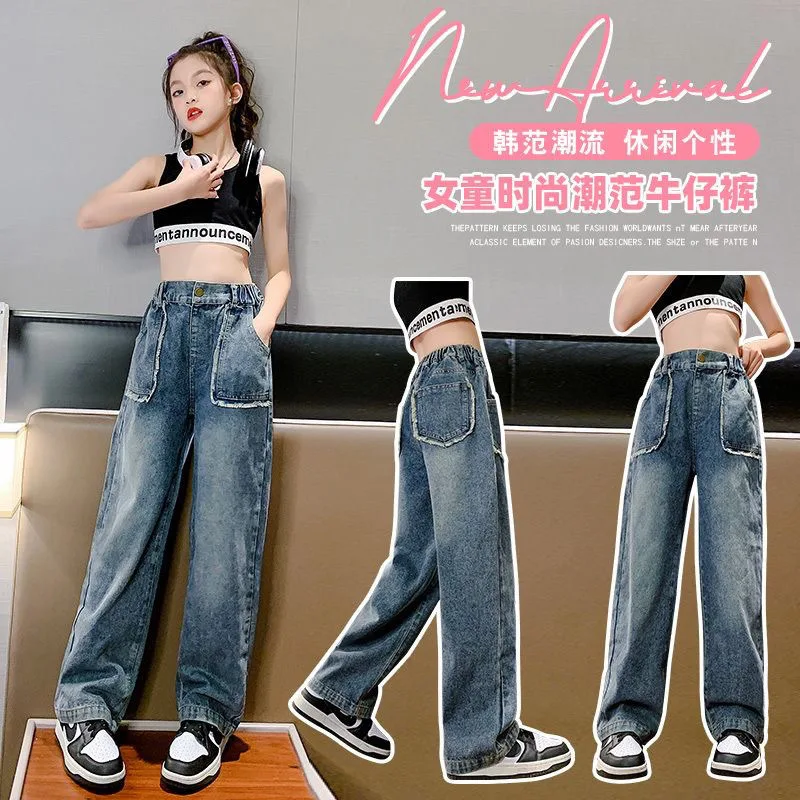 Spring Summer Teenager Girls Denim Wide Leg Pants Children Trousers Casual Baby Girls Jeans 4 6 8 10 11 12 13 Years Kids Clothes