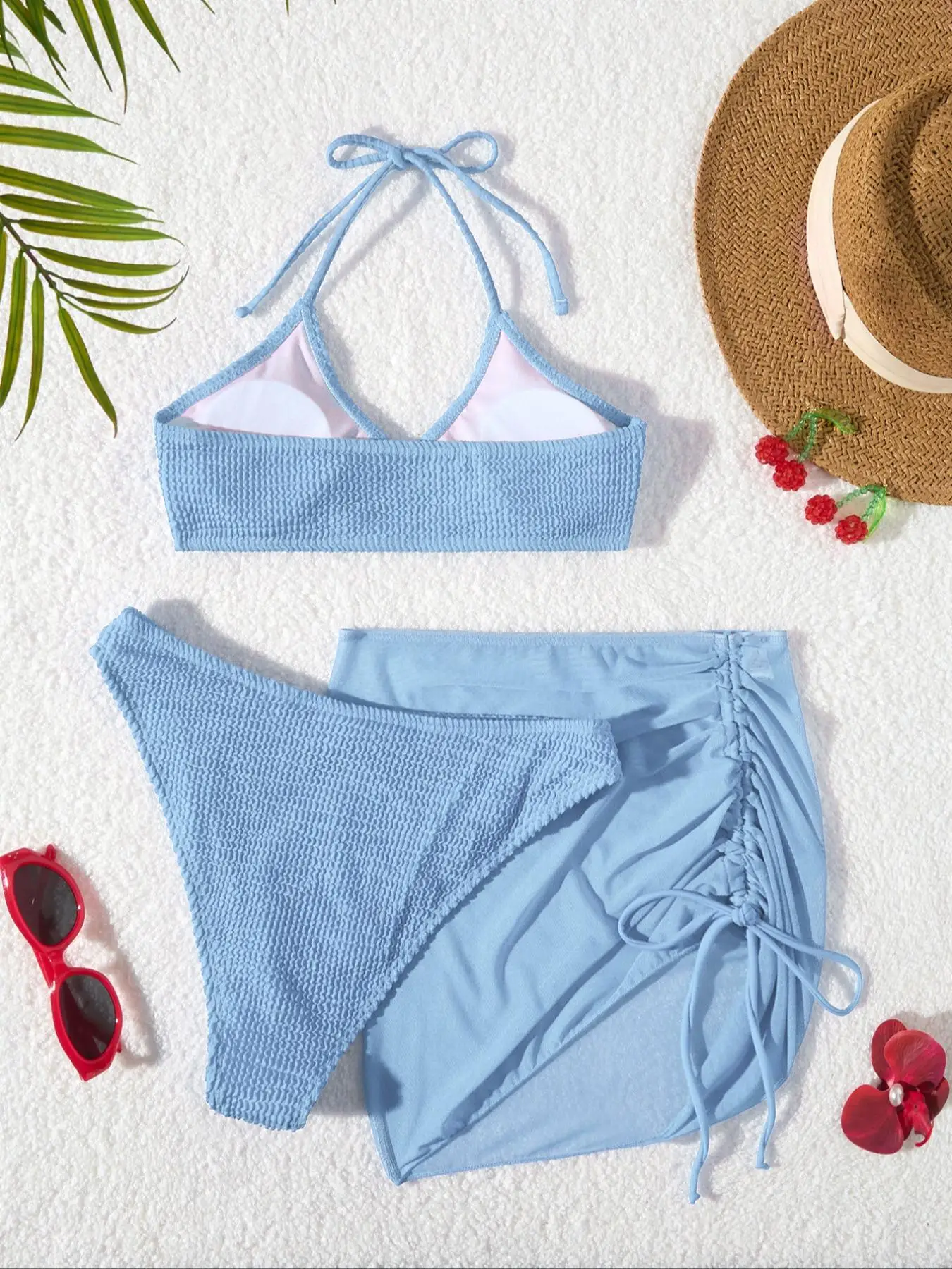New High Elastic Bikini Set for 2026 Summer Three-piece Solid Color Lace-up Sexy Women Swimsuit Beach Bathing Suit Swimwear