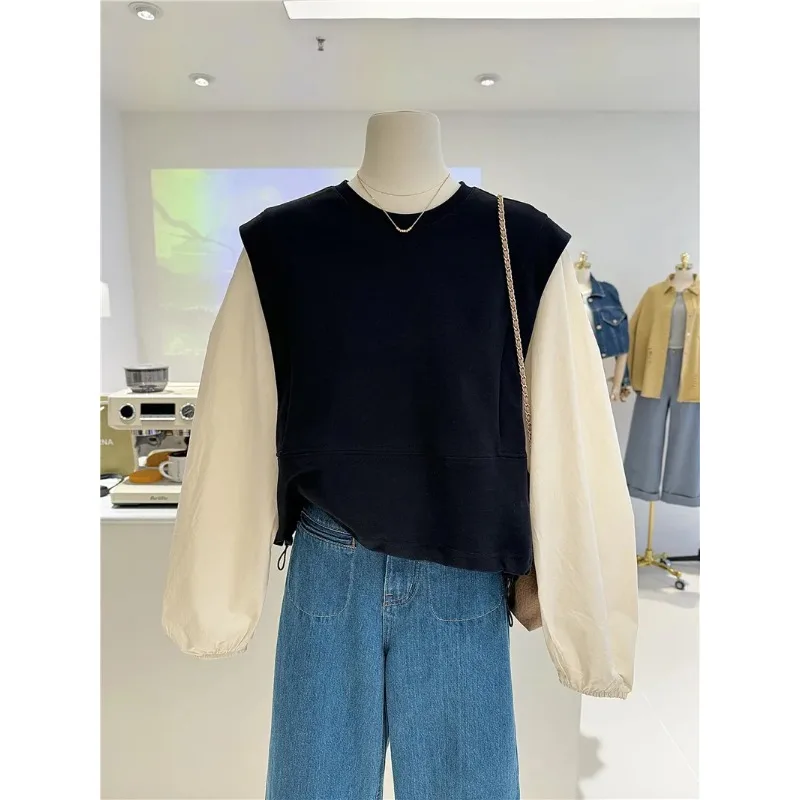 Moda otoño nuevo falso dos piezas Casual estilo occidental camisa manga Top Casual suelto cuello redondo versátil sudadera Mujer