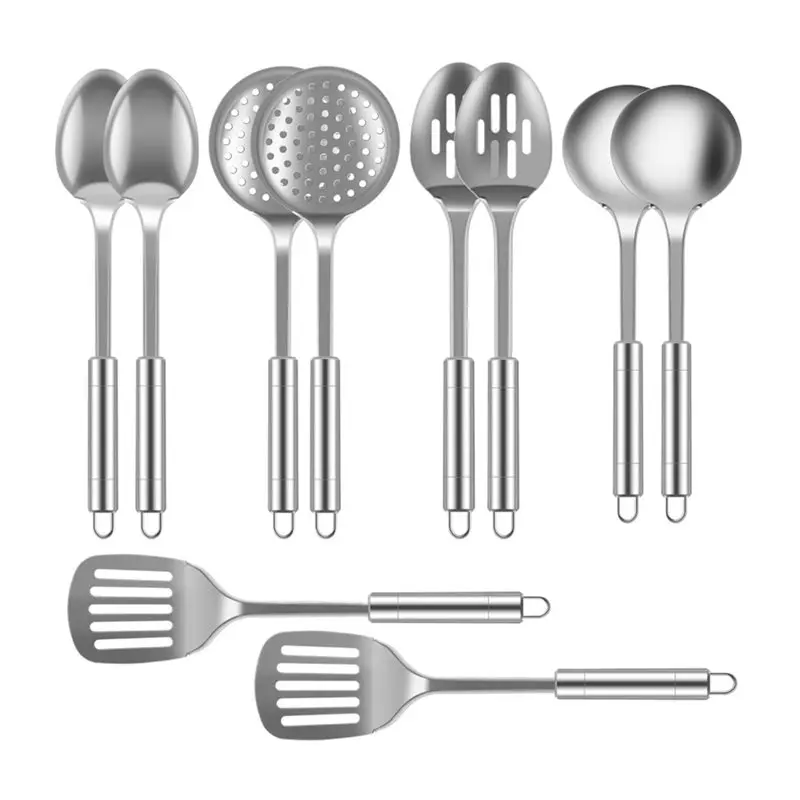 M11K-304 Stainless Steel Wok Spatula Set, Slotted Turner Rice Spoon Ladle Cooking Tools Metal Kitchen Utensils, 10PCS