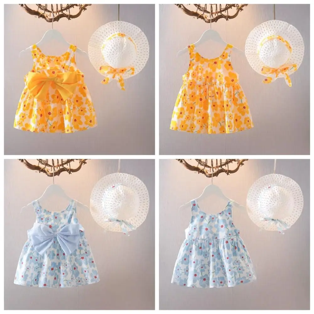 أزياء Bowknot طفلة فستان الأميرة الصيف بلا أكمام فستان زهري مع قبعة القطن الحلو الاطفال زهرة فستان عطلة الشاطئ #4