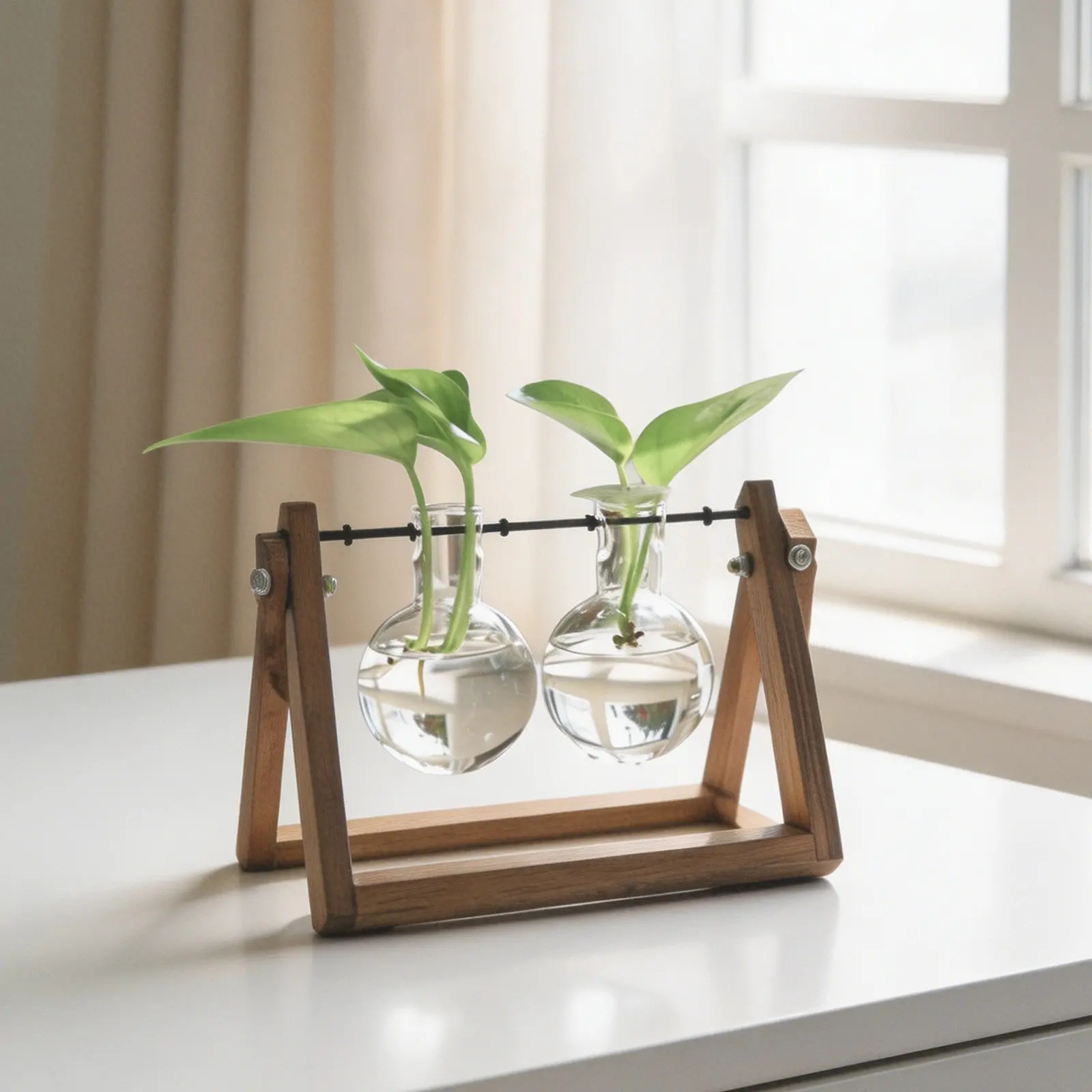 Hydroponic Plant Propagation Station Wooden Stand Glass Vase Holder for Water Propagation Indoor Desktop Windowsill Bookshelf