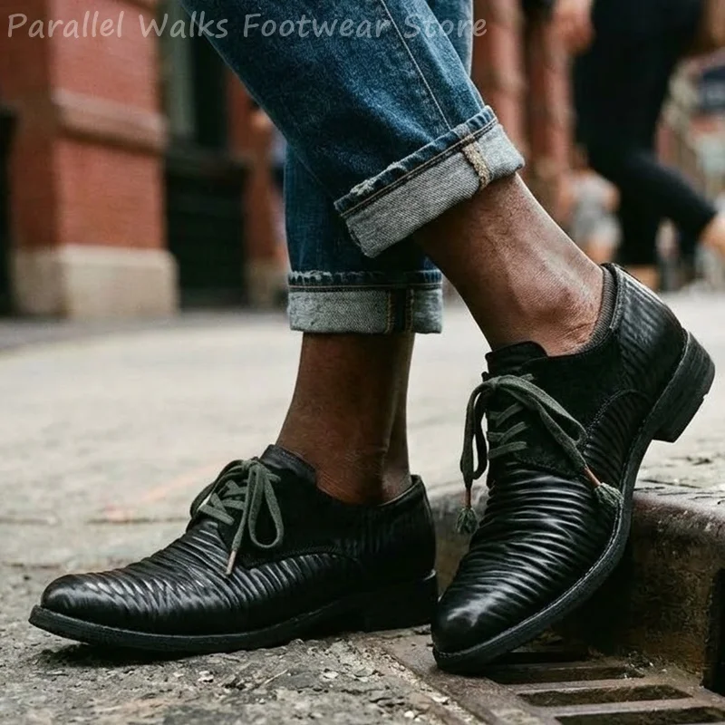 Mens Pleated Leather Derby Shoes Vintage Lace Up Oxfords Retro Smart Casual Low Top Flat Footwear Designer Walking Shoes Styles view 2