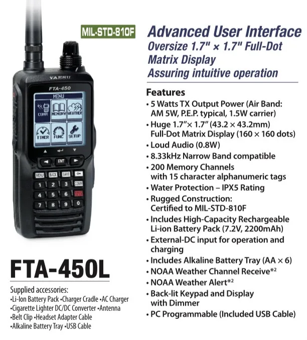 Mesa portátil de aviação YAESU FTA-450L 5W de saída de energia suporta sistema ILS e VOR