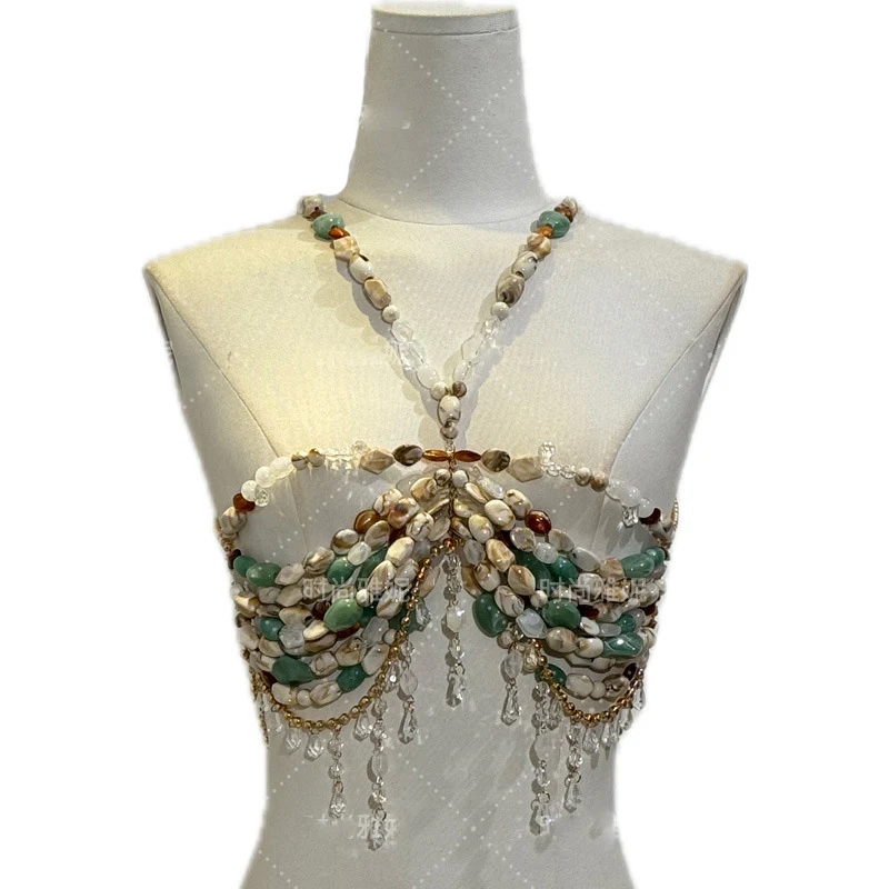 

New Sexy Hanging Neck Halter Undershirt Inside Bust Bustle Jewelry Beaded Body Chain Top For Belly Dance Mermaid Corset With