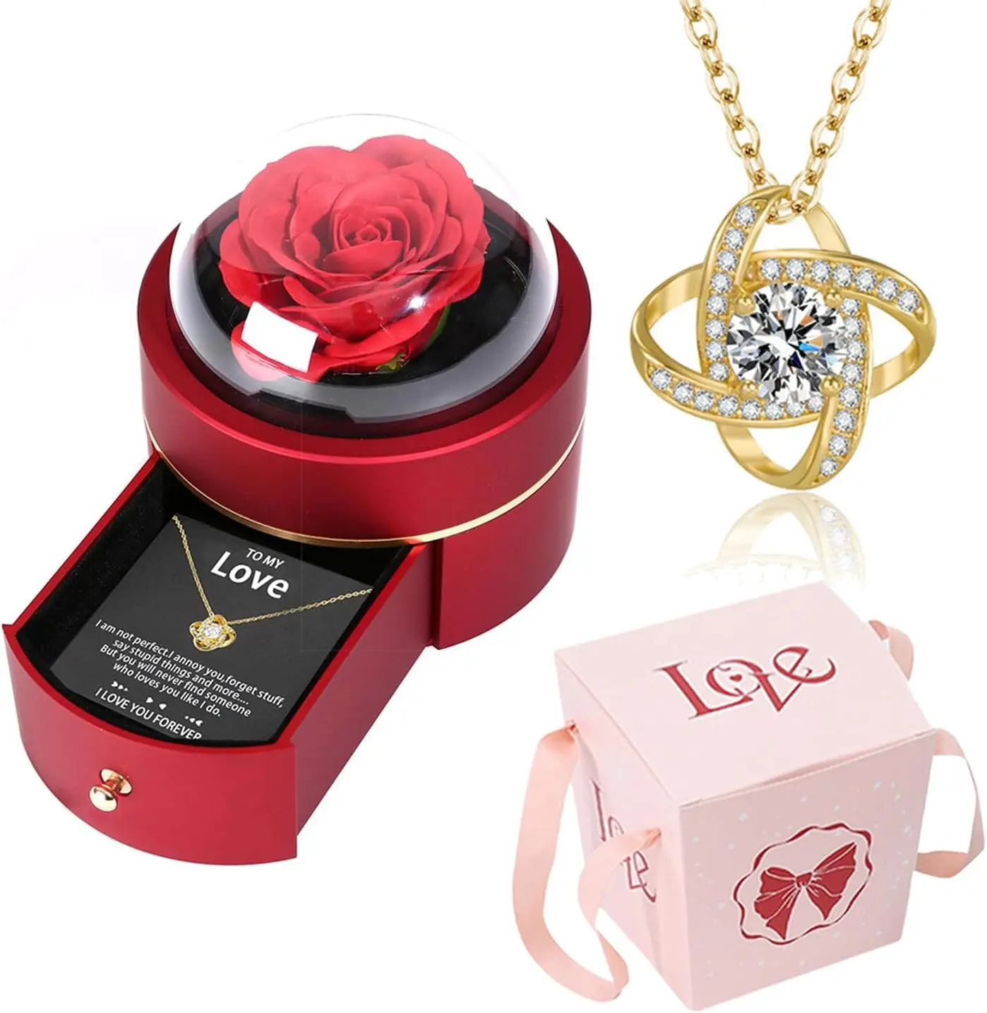 

Preserved Rose Box Four Leaf Clover Necklace | Mother's Day & Valentine's Day Romantic Gift for Her Wife Mom