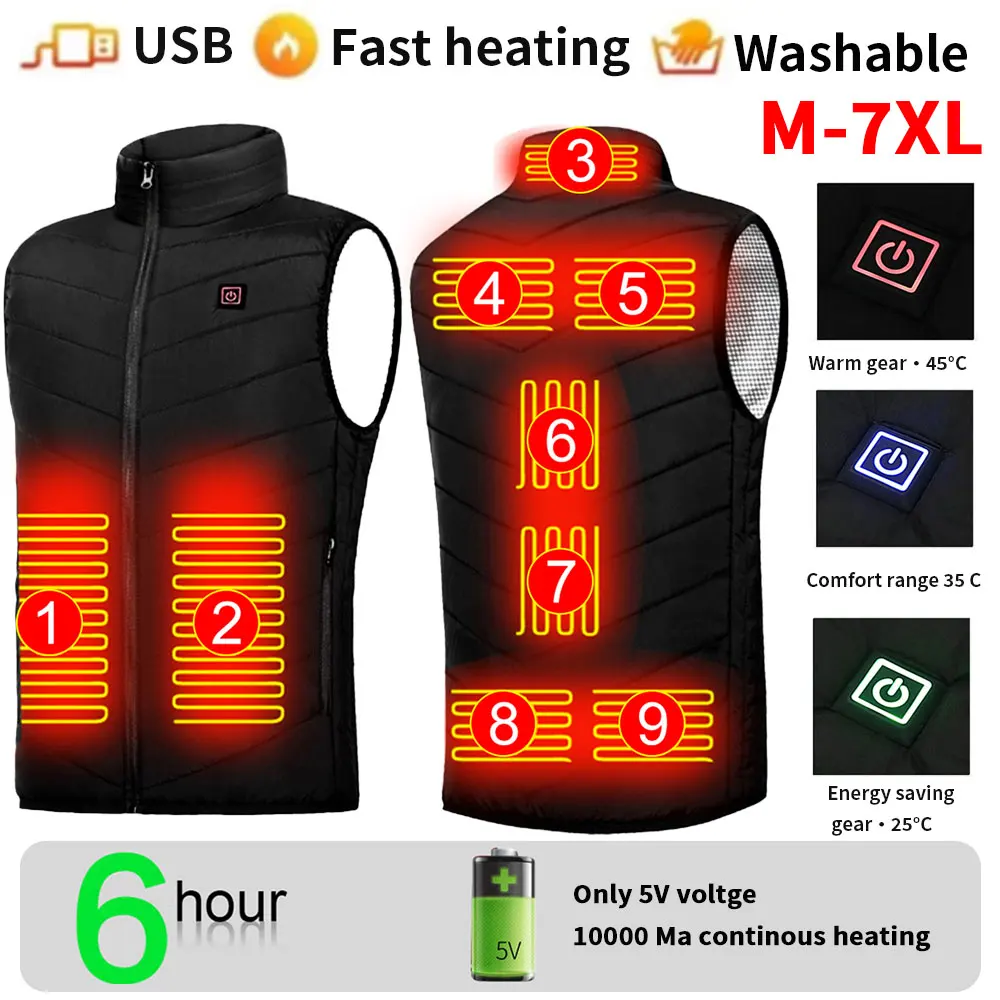 

Unisex Electric Heated Vest 9 Heating Areas Graphene Smart Heating Jackets Washable Lightweight with Zip USB Camping Outdoor