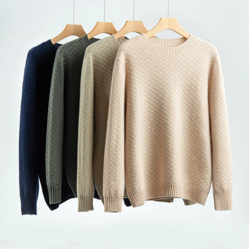 2025 New Thick O-Neck Men's 100% Cashmere Ribbed Pullover Casual Fashion Sweater Autumn Winter Versatile Classic Soft Knit Tops