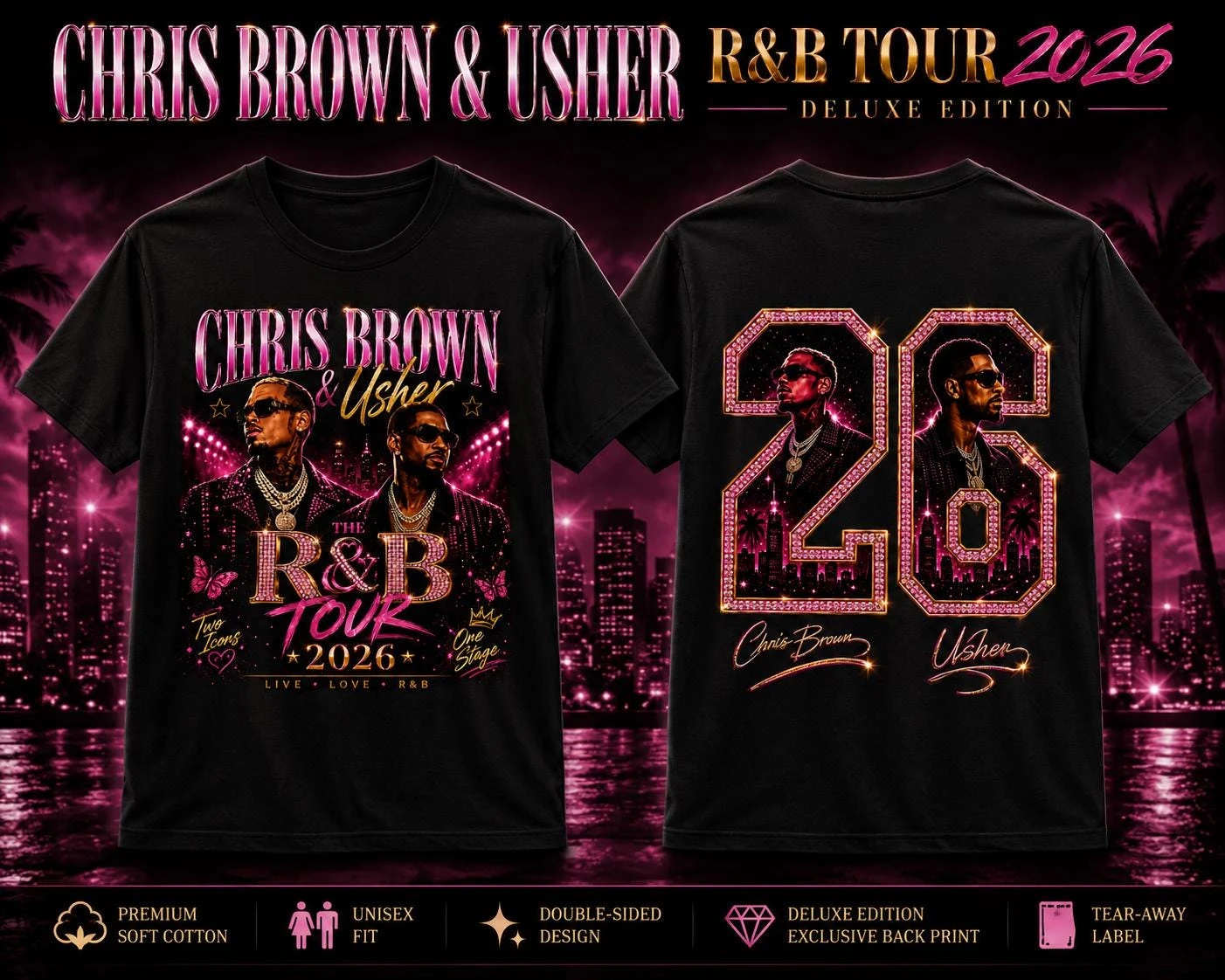 2026 Usher and Chris Brown Oversized Cotton T-shirt Comfortable and Breathable High-quality Retro Short-sleeved T-shirt