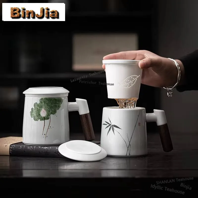 

380 мл бамбуковая чая с ручной росписью и разделительная кружка для воды белый фарфор для личного офиса с крышкой фильтрованная Пивоваренная чайная чашка подарки