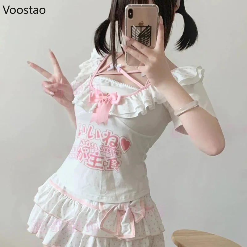 Sweet Lolita Style Skirt Set Women Grunge Cartoon Print T-Shirt Cute Bow Mini Cake Skirt Suit Girls Korean Kawaii Y2k Outfits