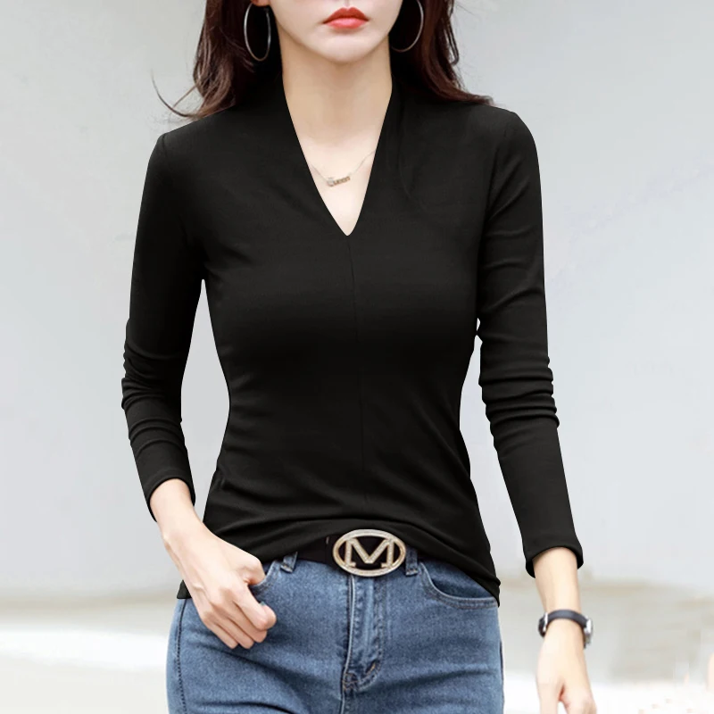 Damska dopasowana bluzka z długim rękawem, dekoltem w serek, modna warstwa bazowa, koreański styl, elegancka, do pracy, jednolita, na zimę.