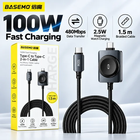 100W 2-in-1 Magnetic Fast Charging Cable for iPhone 17/16/15/14 & Apple Watch, USB-C to USB-C Charger Cord