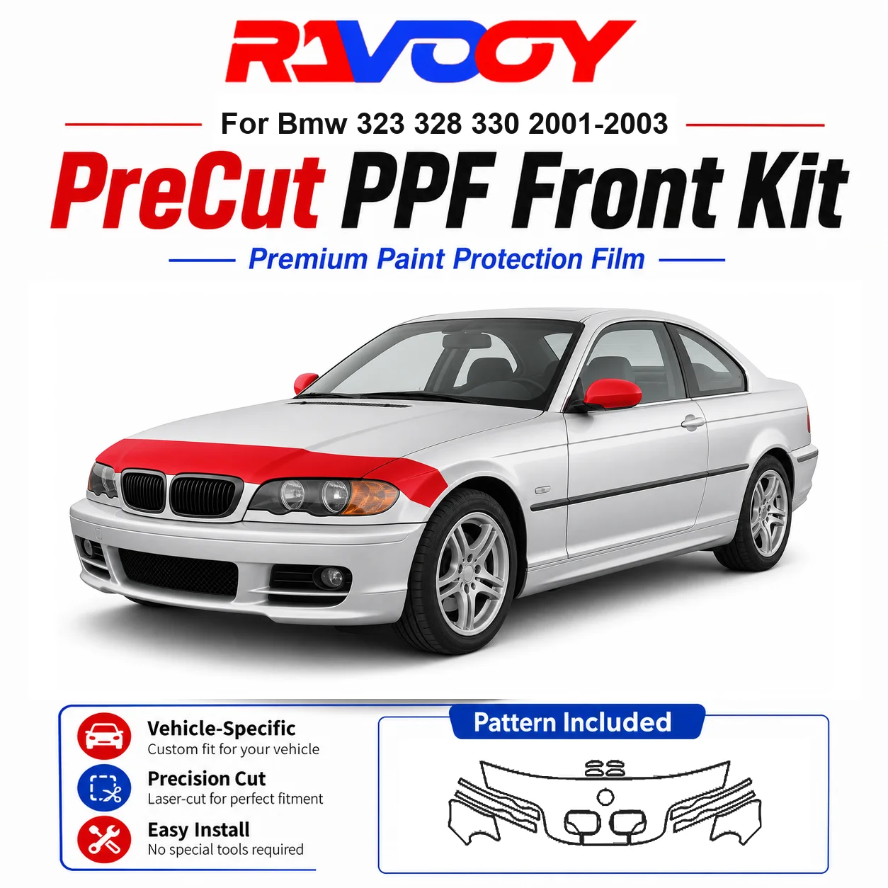 

8.5mil TPU Precut PPF Kit For BMW 323 328 330 2001-2003 - Hood, Fenders & Mirror Set - Self-Healing Clear Bra Film